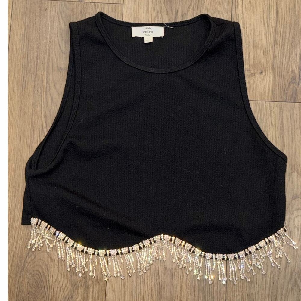 Entro Black Rhinestone Fringe Crop Tank Top Size L